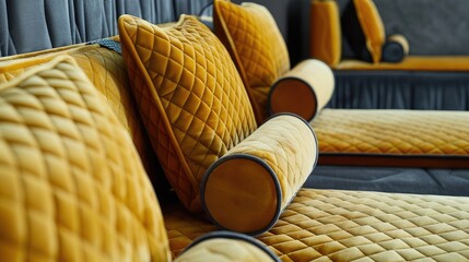 Obraz premium Close-Up of Velor Sofas and Training Equipment with Yellow Quilted Upholstery