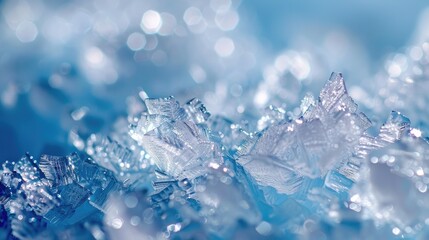 Close-up of ice's crystalline texture in cold hues, ice formation