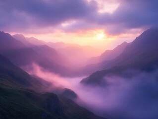 Fototapeta premium mystical mountain valley at dawn, layers of purple mist rolling between ancient peaks, ethereal golden light breaking through clouds