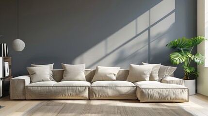 Contemporary beige couch by a gray living room wall