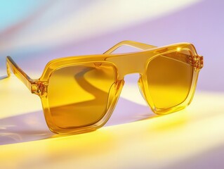 pop art inspired still life of oversized retro sunglasses with yellow gradient lenses casting prismatic reflections on white surface