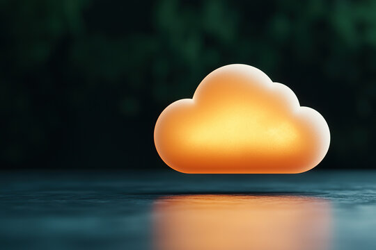 glowing cloud shaped light sits on reflective surface, casting warm, ambient glow against dark background. soft illumination creates serene and calming atmosphere