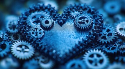 Blue Gears Heart, Mechanism, Closeup, Abstract Background, Love