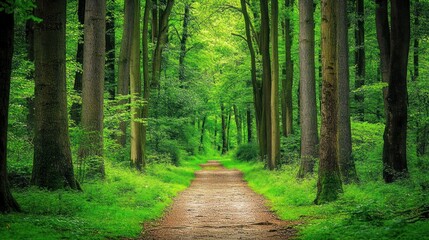 Serene Forest Path Winding Through Lush Green Trees