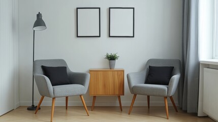 Modern Living Room Interior with Two Armchairs and Wooden Cabinet