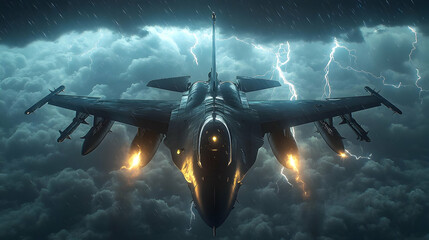 Naklejka premium Fighter Jet Flying Through a Dramatic Night Storm