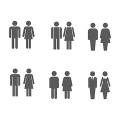 pairs of simplified human figures, each pair representing different combinations of gender and attire, including casual and formal wear.
