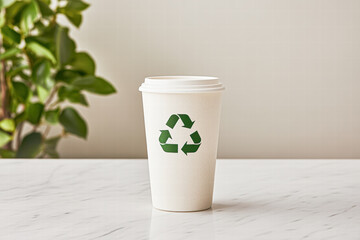 A white coffee cup with a green lid and a green recycling symbol on it