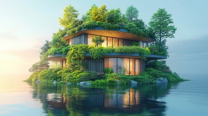 Obraz premium Eco-Friendly House on a Lake at Sunset