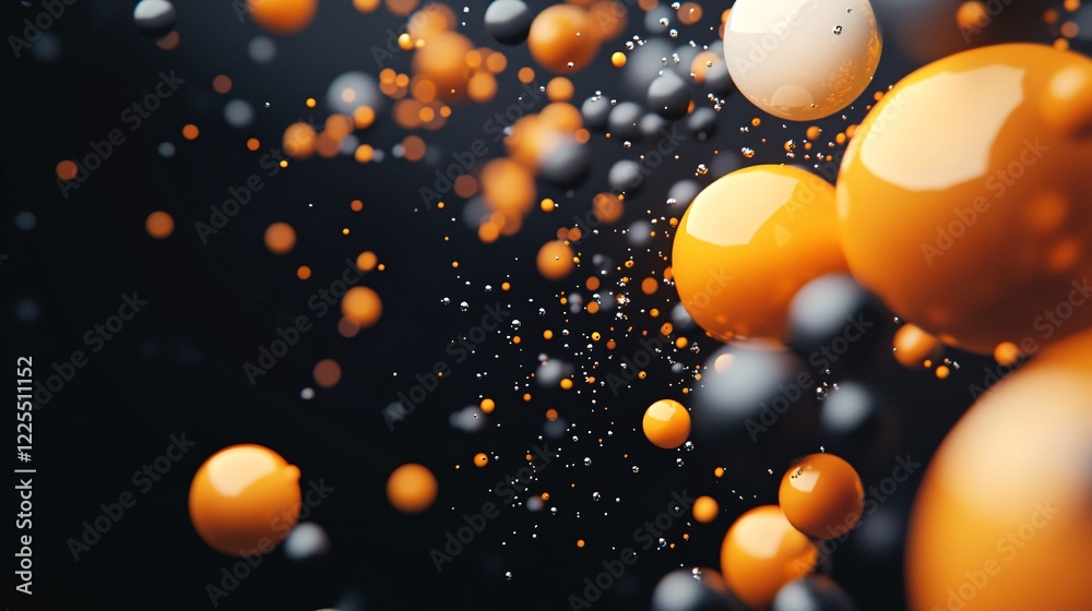 Poster abstract spheres floating and bouncing in dark background with orange, black, white and silver color