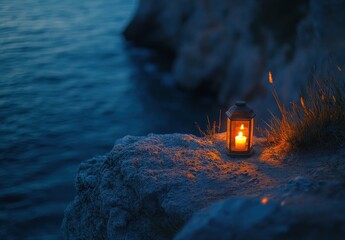 Glowing Candle Lantern on Rock by the Calm Ocean at Dusk