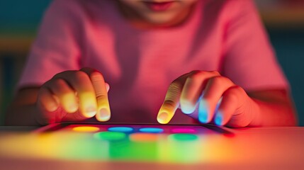 child hands using tablet with vibrant educational apps under parental controls glowing icons brightening scene