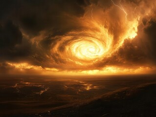 Naklejka premium supercell storm formation over plains, dramatic spiral clouds, lightning strikes, ominous atmosphere, golden hour lighting