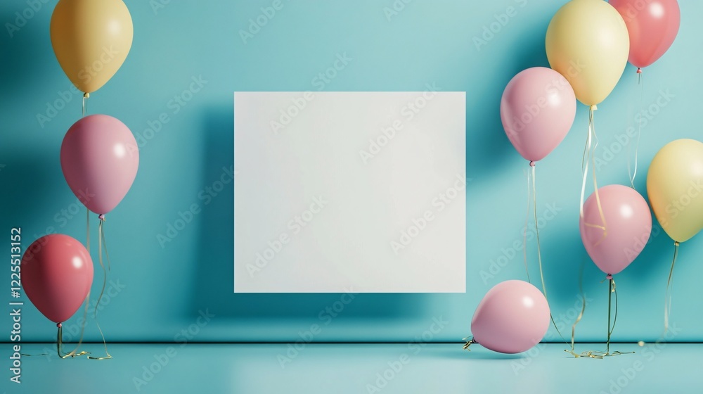 Poster balloons floating near blank canvas on turquoise background