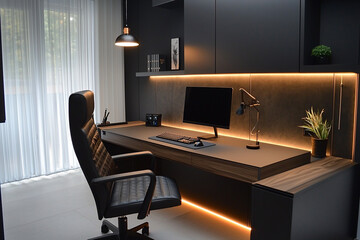 Modern home office setup featuring a sleek desk, ergonomic chair, and ambient lighting, with a view