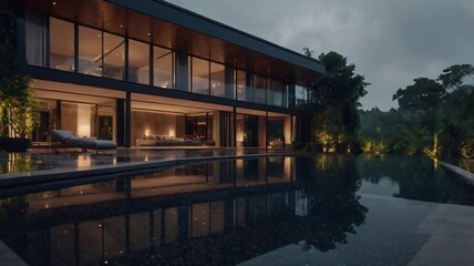 Obraz premium Modern building exterior. Luxurious mansion surrounded by lush green trees under evening light rain. Large glass windows, a wide pool, peaceful atmosphere. Terra Futura architectural style