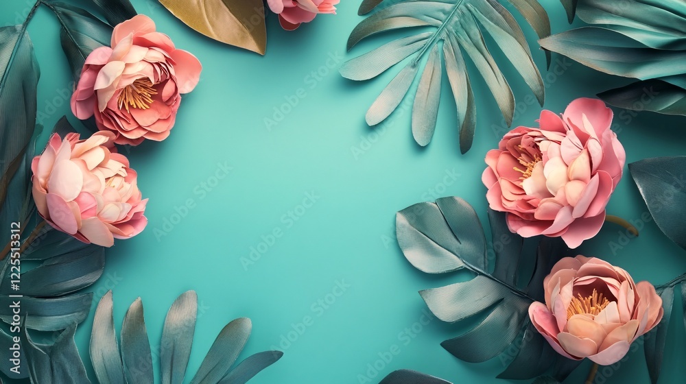 Aufkleber pink peonies and tropical leaves creating a frame on turquoise background