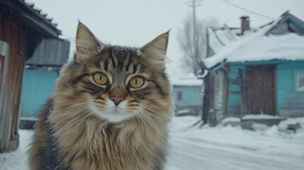 Long-haired Cat in Snowy Village
