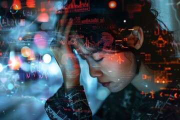 Stressed asian female in digital overlay