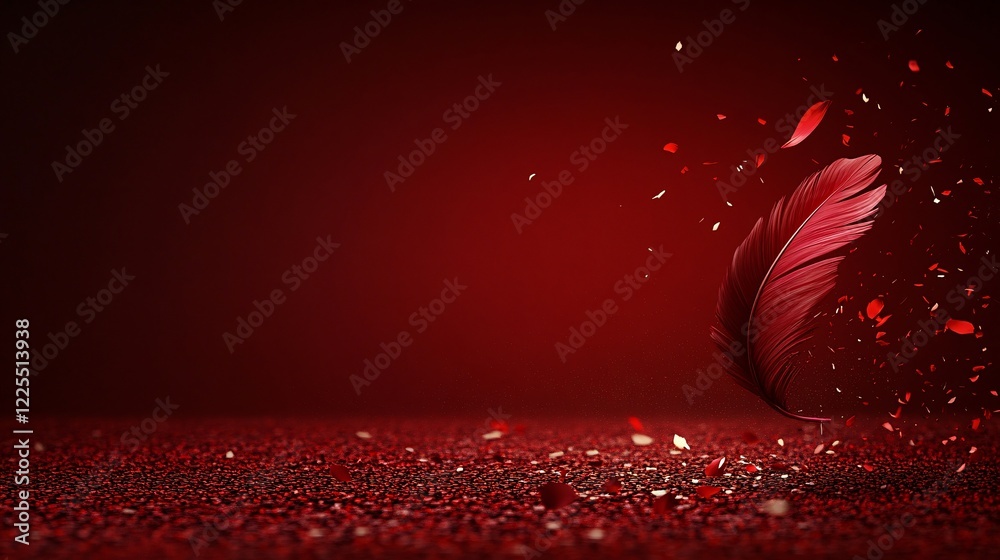 Poster red feather losing pieces on sparkling red background
