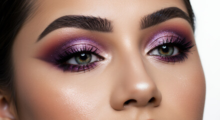 Obraz premium Close-up of Woman's Eye with Stunning Purple Glitter Eye Makeup
