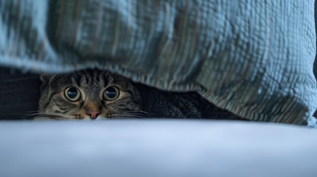 Feline peeks from under sofa in left side of image.