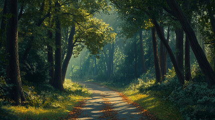 Scenic Road Trip Through green Forest. ai generation