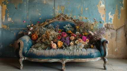 Flowers dried against an antique sofa