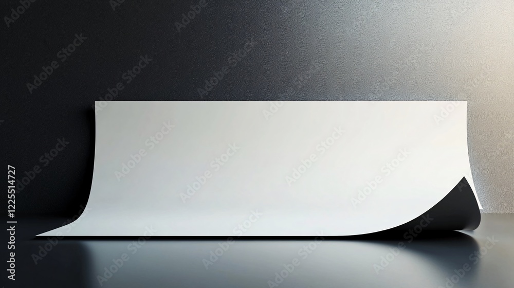 Poster blank white sheet of paper curled up from a reflective surface with black background