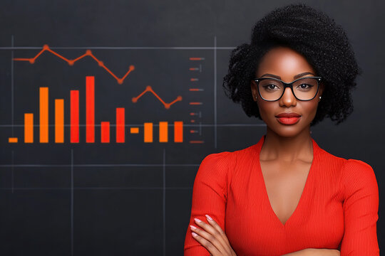 confident businesswoman in red blouse stands in front of glowing feedback chart, analyzing data with focus and determination