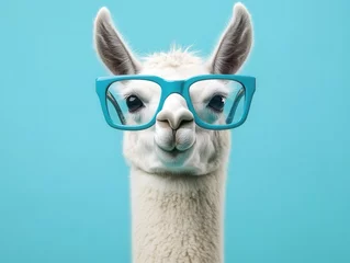 Fototapeten whimsical portrait of elegant white llama wearing oversized retro blue glasses, minimalist pop art style against clean background © Bijac