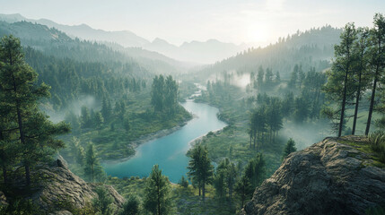 mountain river in the mountains, tropical green forest with mountains in background. ai generation