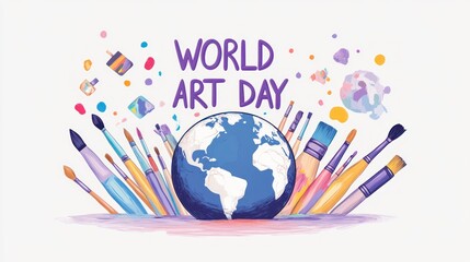 A flat illustration of the Earth with various art supplies like paintbrushes, pencils, and paints on top, symbolizing World Art Day. The background is pastel-colored with large text WORLD ART DAY