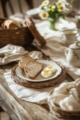 Breakfast table layout featuring boiled eggs, slices of bread, woven basket, natural light, rustic decor
