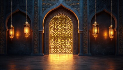 Intricate Islamic Architecture with Golden Light and Lanterns