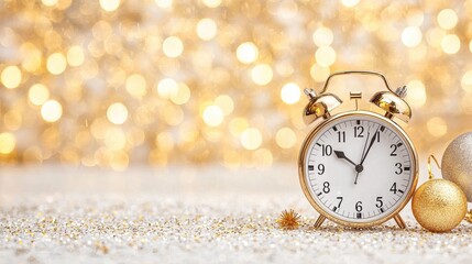 Golden alarm clock, New Year's Eve, sparkling background. Festive holiday image for greeting cards