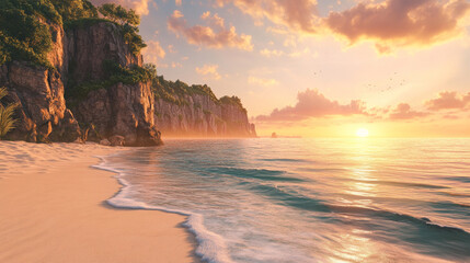 perfect sunset on the sea, on the seashore, mountains. ai generation