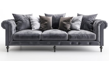 Fototapeta premium Gray sofa with velor pillows on white background.