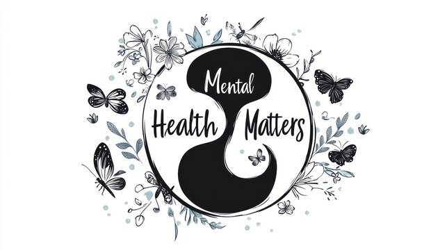 Logo sederhana, desain vektor teks Kesehatan Mental dengan bunga-bunga kecil dan kupu-kupu. Hitam pada latar belakang putih. Dalam gaya ilustrasi klip seni kartun yang digambar tangan.