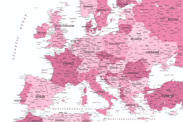 Europe Map Colored - Rose Pink Colors - stock vector illustration