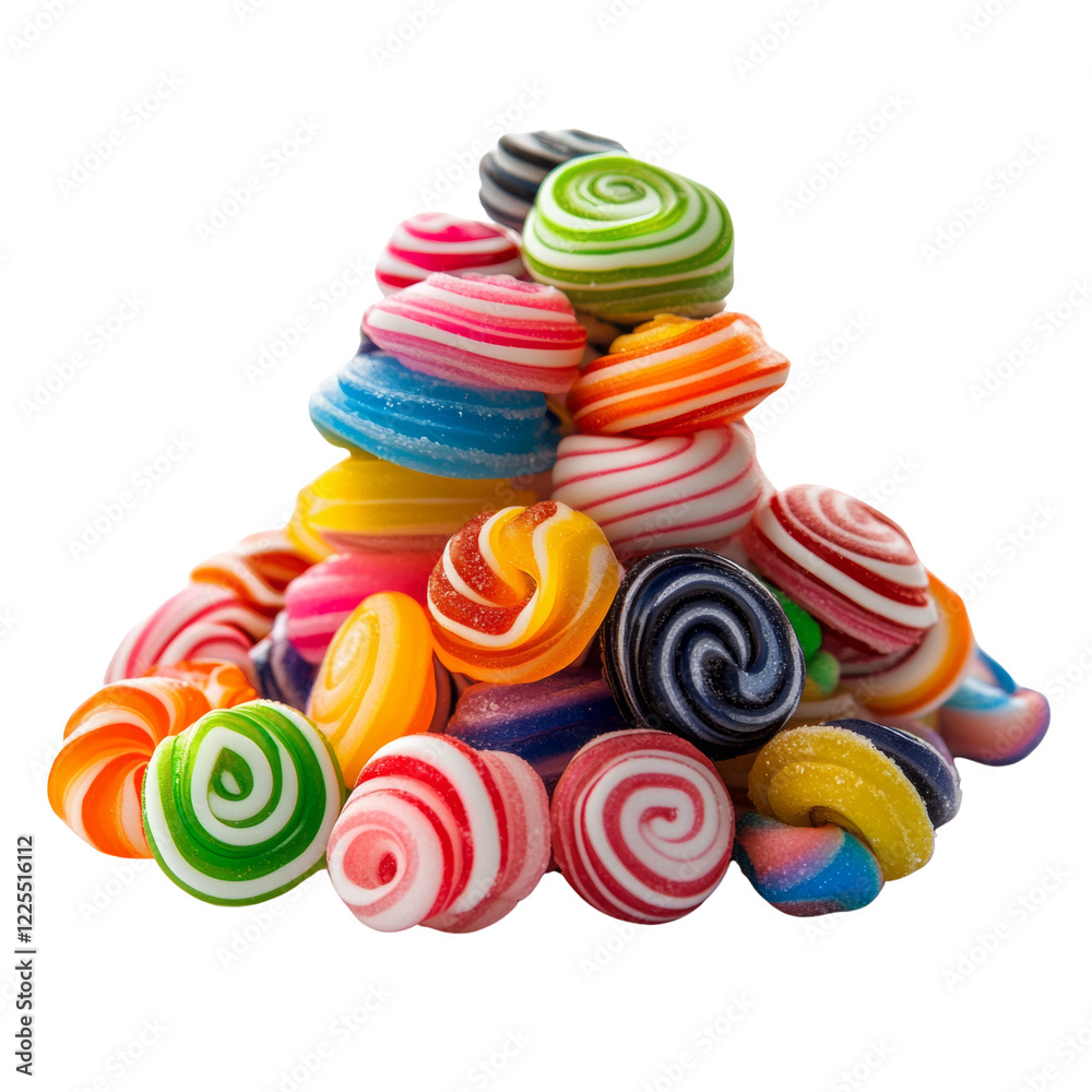 Poster A close-up image shows a pile of colorful swirled hard candies in various colors and patterns.