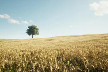 single tree in the wheat field and sky