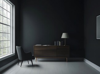 Interior of a minimalist home office in a dark gray room with black walls and a white window