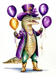 Mardi Gras festival floats gnome, Colorful Alligator In Purple Festive Attire Holding Balloons With