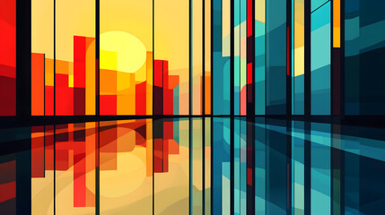 Abstract architectural background, vertical geometric shapes, sun reflection.