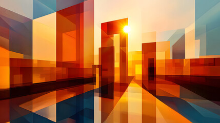 Abstract architectural background, vertical geometric shapes, sun reflection.