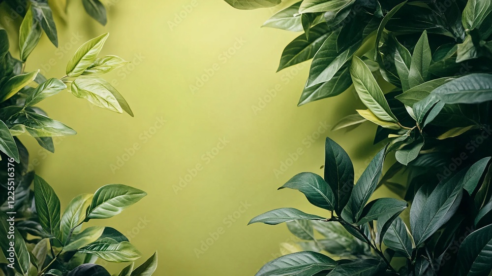 Aufkleber green leaves creating a natural frame on a soft green background