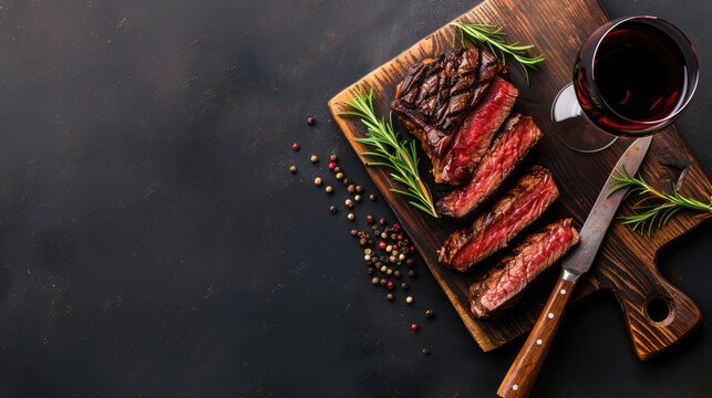 Grilled ribeye beef steak garnished with red wine and seasonings. Top-down view with space for text.