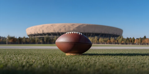 A football resting on a tee just before kickoff, with the stadium’s grand scale dominating the background.


