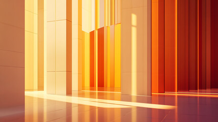 Fototapeta premium Abstract architectural background, vertical geometric shapes, sun reflection.